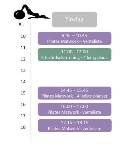 Jeg har desværre kun hold om tirsdagen pt. Der er enkelte ledige pladser på nogle af holdene - her er det først til mølle - skriv til Anna på 27211449 - så er pladsen din :) De andre hold er der venteliste på - her sender du mig bare en sms på 27211449 og siger hvilket hold du vil på veneteliste til - så kontakter jeg dig så snart der bliver en ledig plads. Gravid og efterfødselsholdet har en naturlig udskiftning - når man føder eller starter på arbejde igen, hvor man naturligt skifter hold ;) - så her vil det være en god ide hvis du skriver dig op i god tid, så du kan overtage pladsen når der er en der skifter hold.
